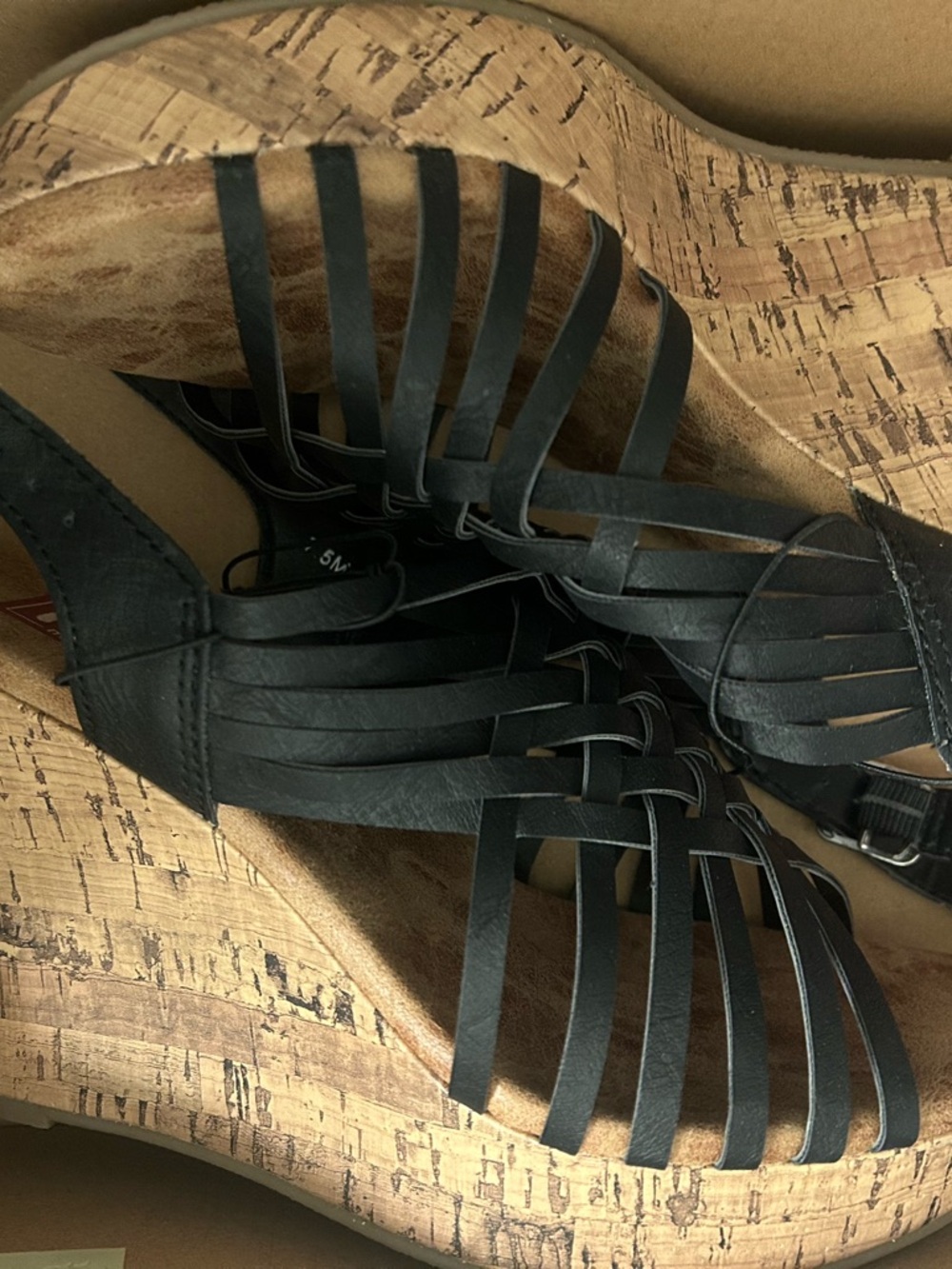 Brand New Women's Black Strappy Cork Wedge Sandals